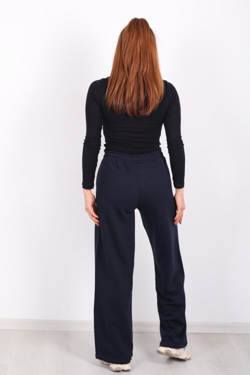 Beli Lastikli Cepli Geniş Paça Lacivert Kadın Eşofman Altı - 4