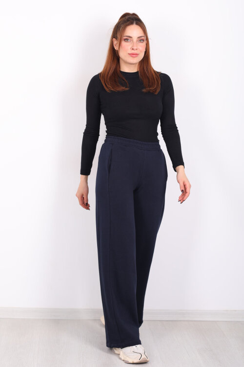 Beli Lastikli Cepli Geniş Paça Lacivert Kadın Eşofman Altı - 3