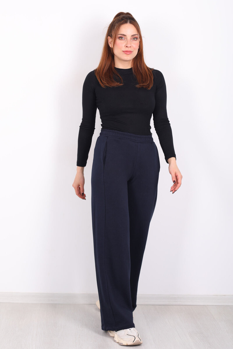 Beli Lastikli Cepli Geniş Paça Lacivert Kadın Eşofman Altı - 3