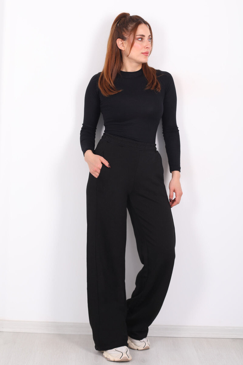 Beli Lastikli Cepli Geniş Paça Siyah Kadın Eşofman Altı - 1