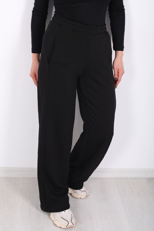 Beli Lastikli Cepli Geniş Paça Siyah Kadın Eşofman Altı - 2