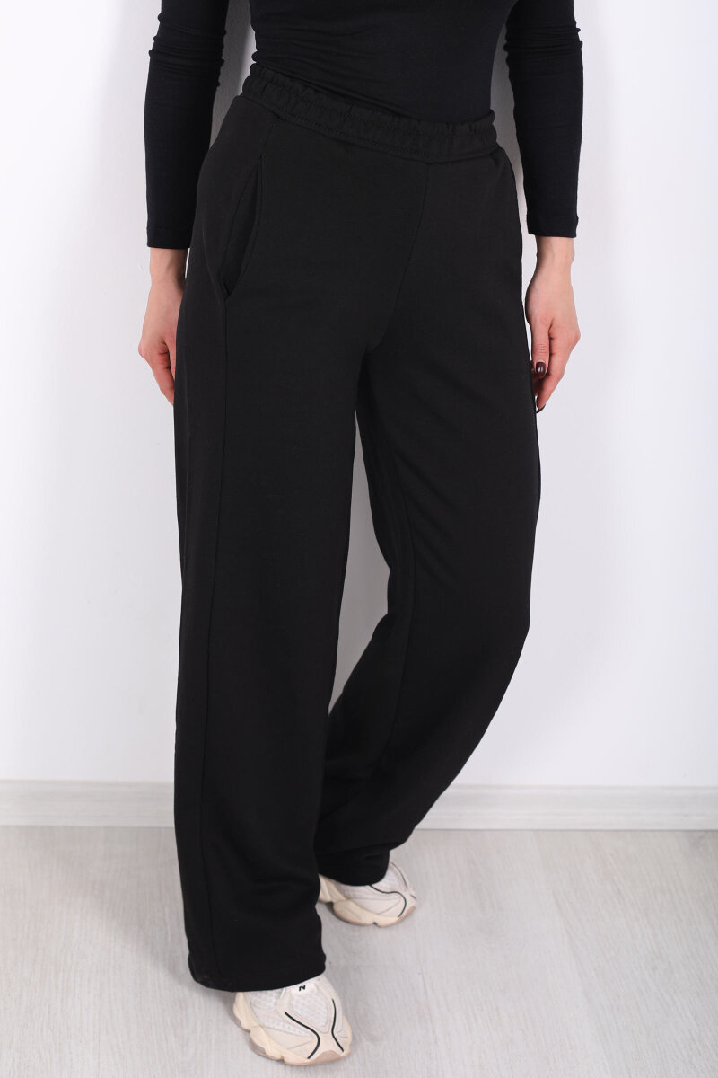 Beli Lastikli Cepli Geniş Paça Siyah Kadın Eşofman Altı - 2