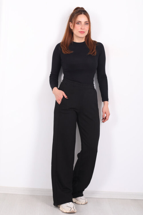 Beli Lastikli Cepli Geniş Paça Siyah Kadın Eşofman Altı - 5