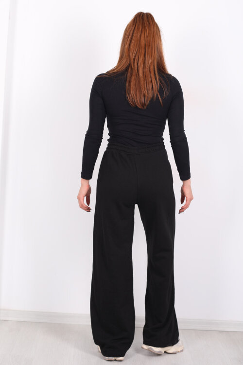 Beli Lastikli Cepli Geniş Paça Siyah Kadın Eşofman Altı - 4