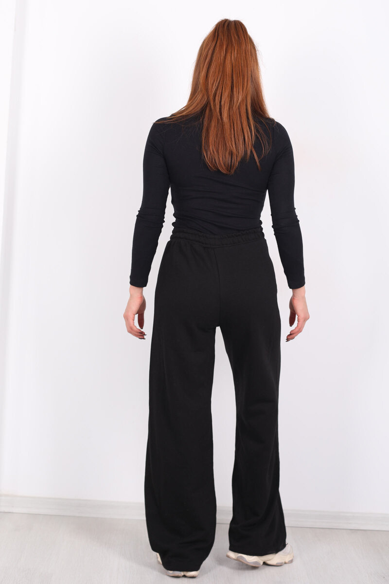 Beli Lastikli Cepli Geniş Paça Siyah Kadın Eşofman Altı - 4