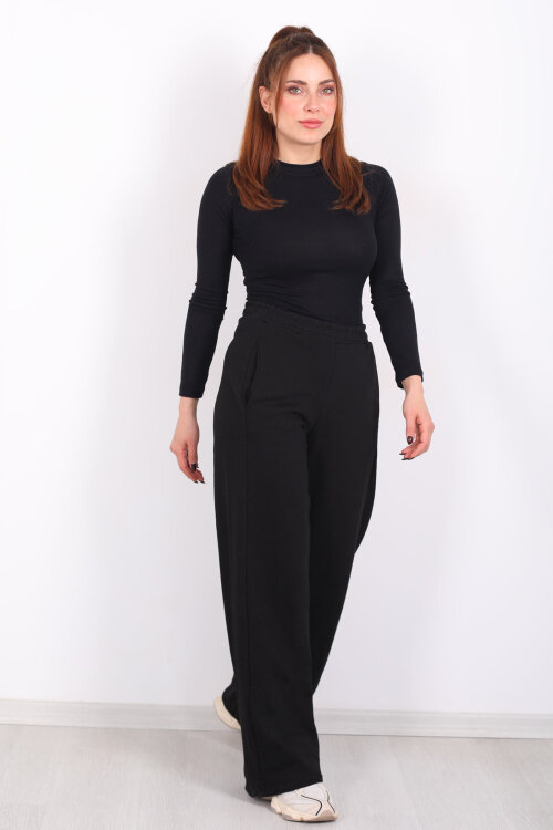 Beli Lastikli Cepli Geniş Paça Siyah Kadın Eşofman Altı - 3