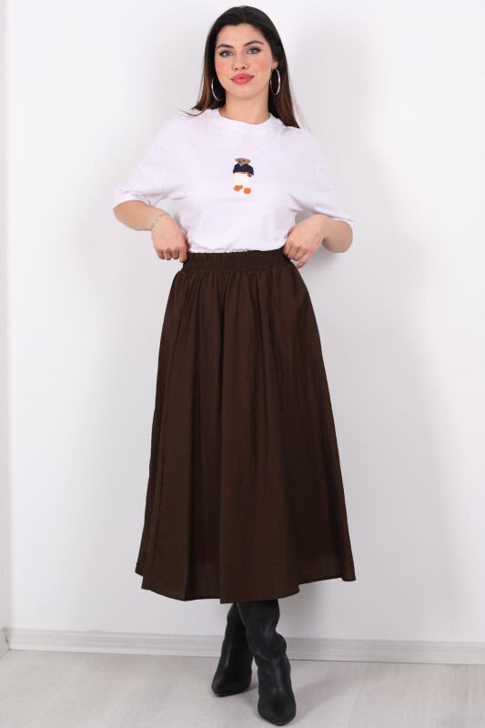 Beli Lastikli Cepli Poplin Midi Acı Kahve Kadın Etek - 3