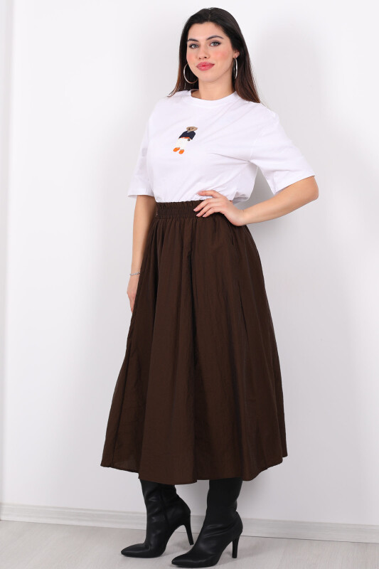 Beli Lastikli Cepli Poplin Midi Acı Kahve Kadın Etek - 5