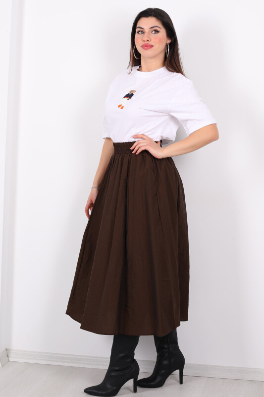 Beli Lastikli Cepli Poplin Midi Acı Kahve Kadın Etek - 1