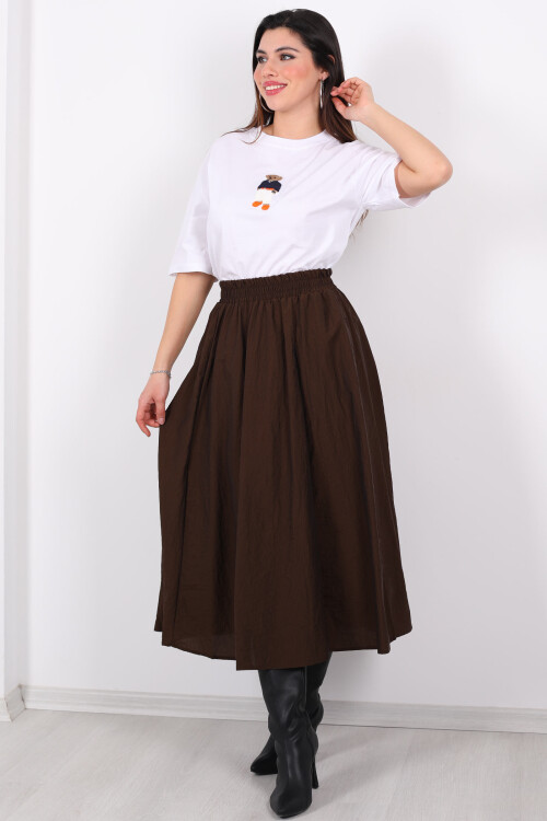 Beli Lastikli Cepli Poplin Midi Acı Kahve Kadın Etek - 4