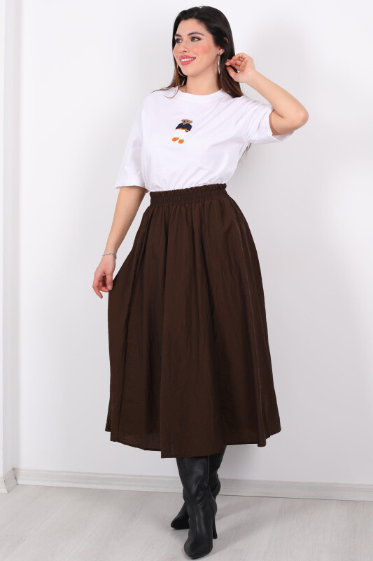 Beli Lastikli Cepli Poplin Midi Acı Kahve Kadın Etek - 4