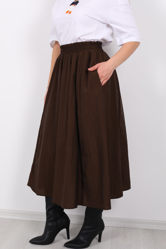 Beli Lastikli Cepli Poplin Midi Acı Kahve Kadın Etek - 2