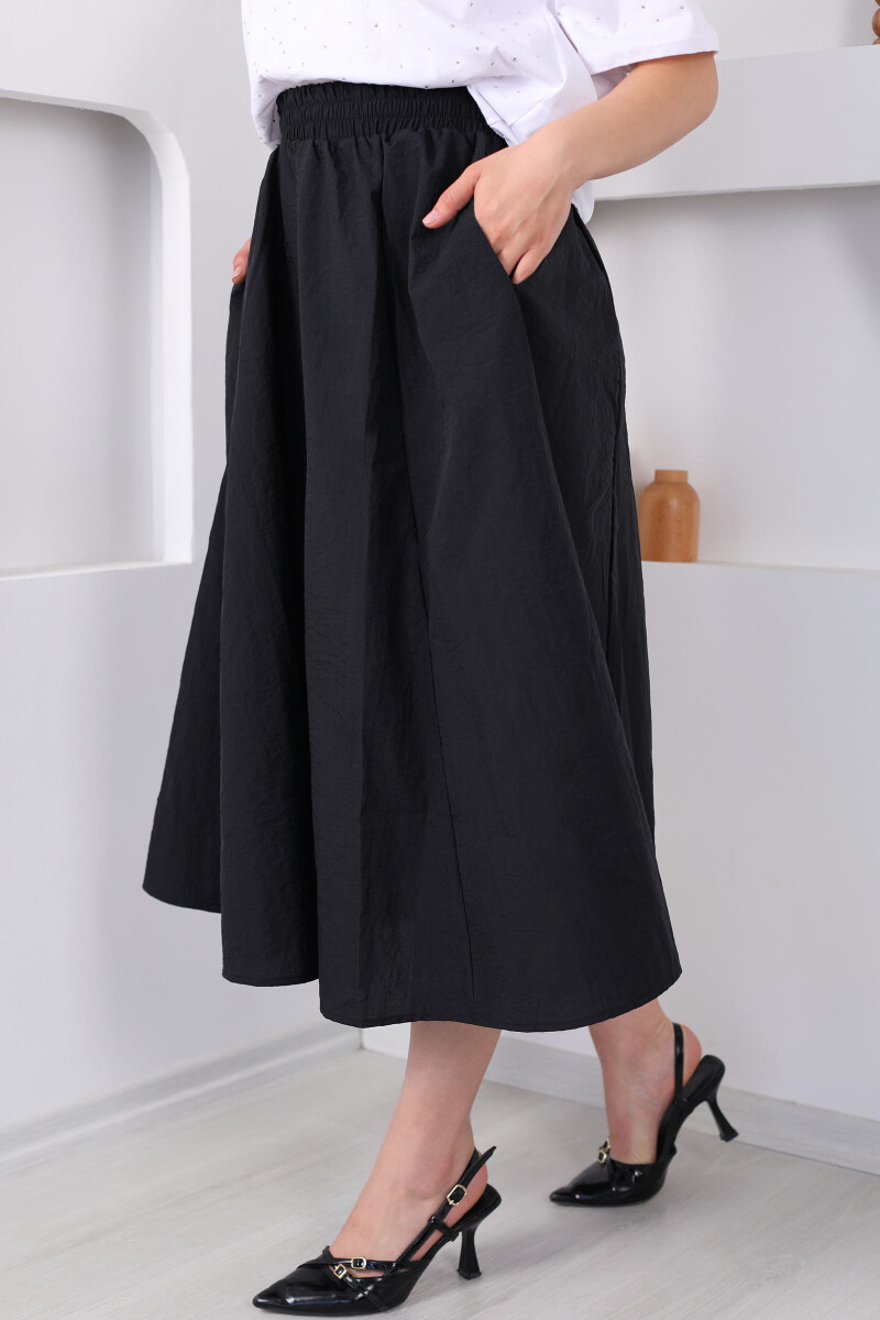 Beli Lastikli Cepli Poplin Midi Siyah Kadın Etek - 2