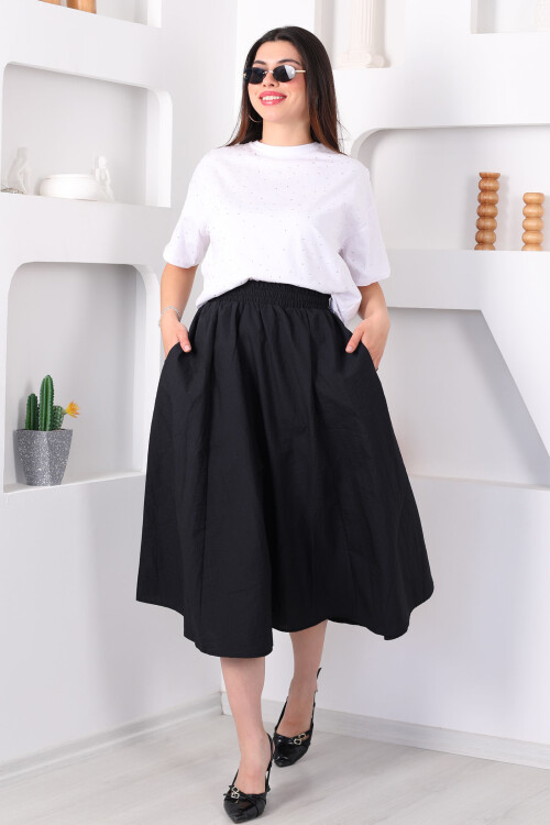 Beli Lastikli Cepli Poplin Midi Siyah Kadın Etek - 3