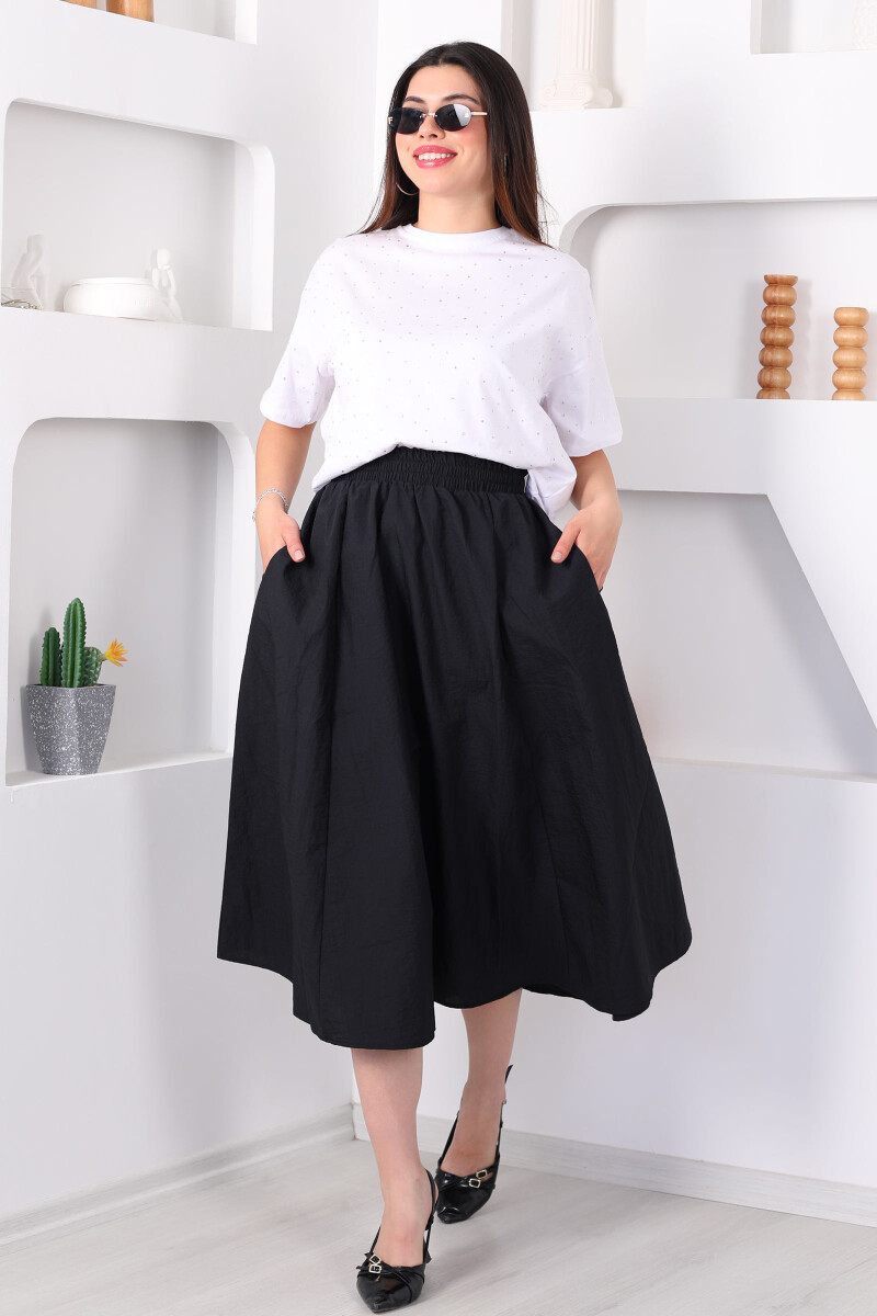 Beli Lastikli Cepli Poplin Midi Siyah Kadın Etek - 3