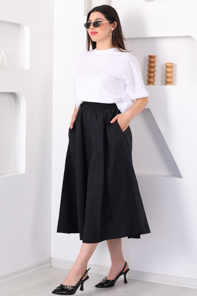 Beli Lastikli Cepli Poplin Midi Siyah Kadın Etek - 1
