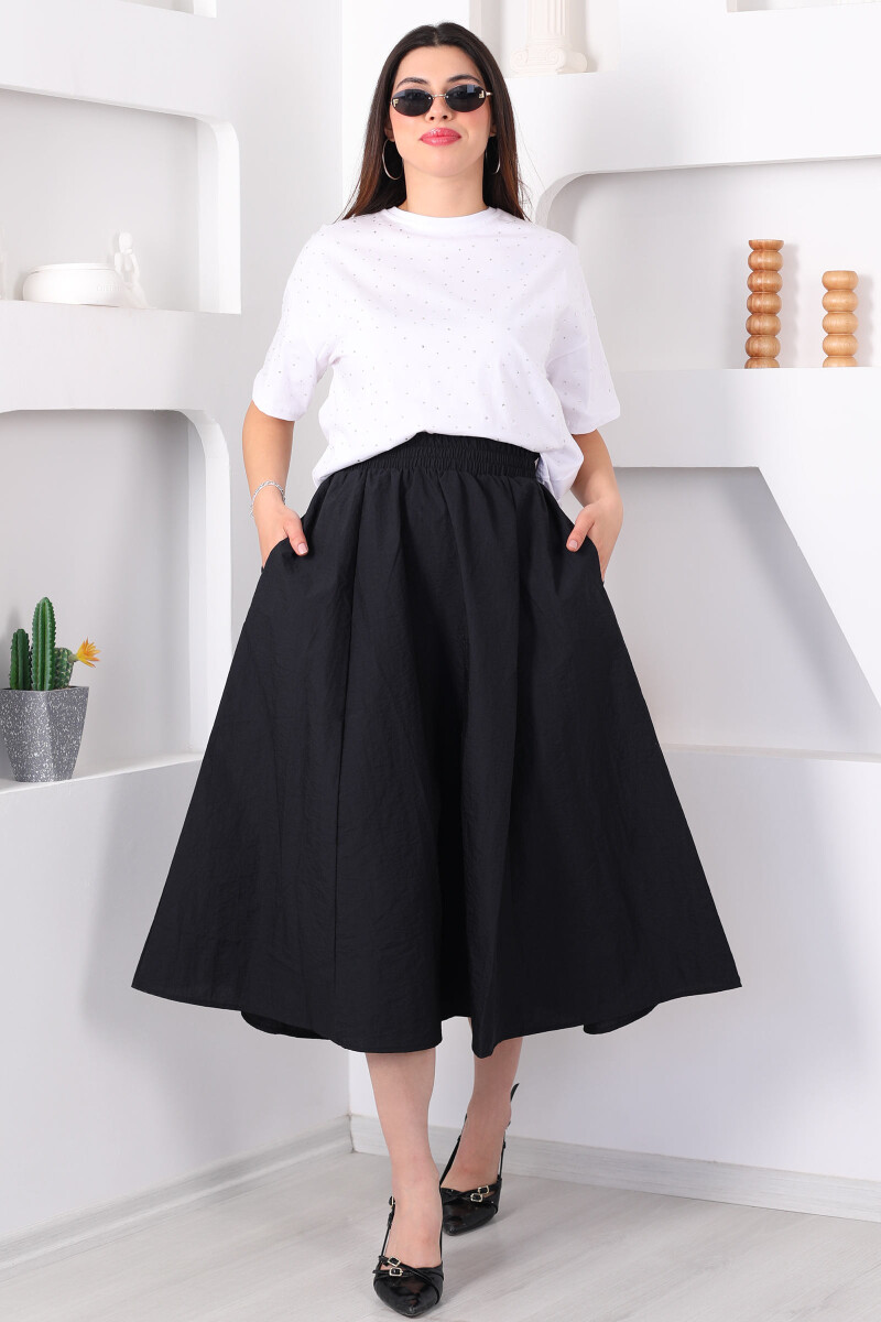 Beli Lastikli Cepli Poplin Midi Siyah Kadın Etek - 4
