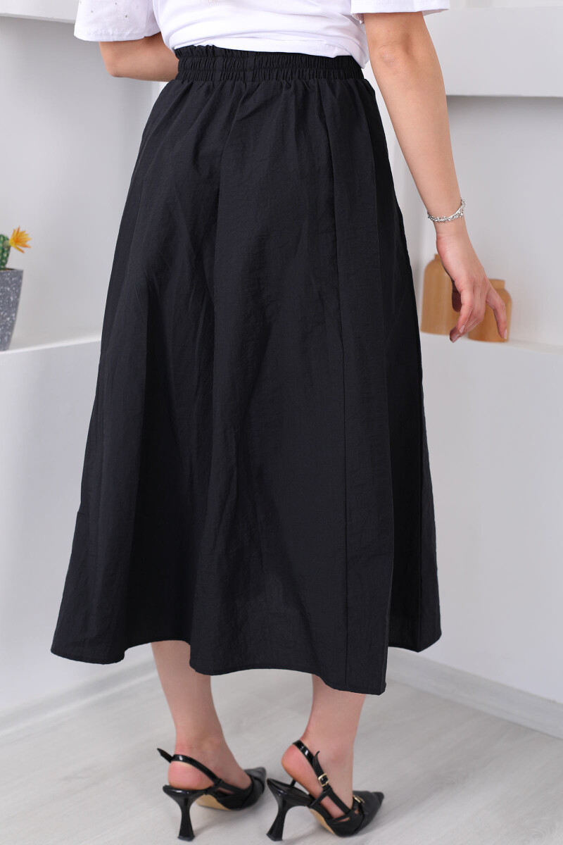 Beli Lastikli Cepli Poplin Midi Siyah Kadın Etek - 5