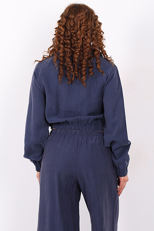 Beli Lastikli Çift Cepli Marin Kadın Tensel Ceket - 5