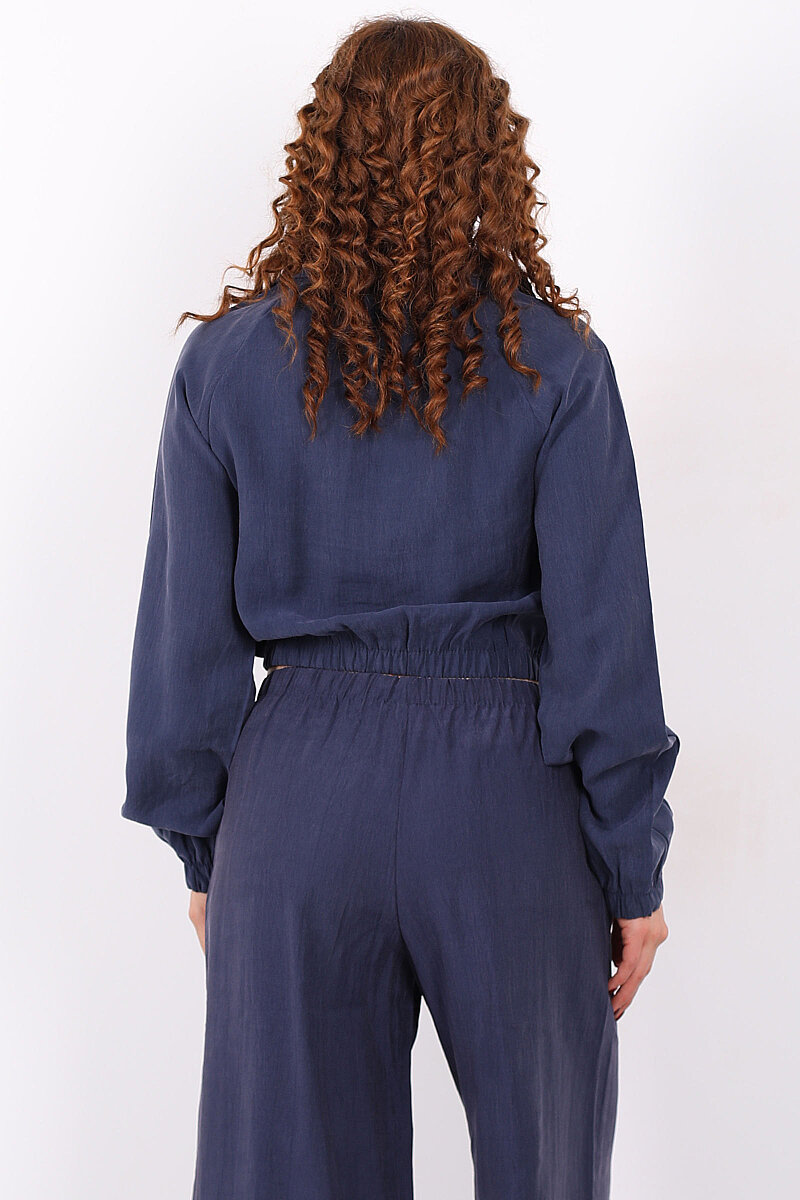 Beli Lastikli Çift Cepli Marin Kadın Tensel Ceket - 5