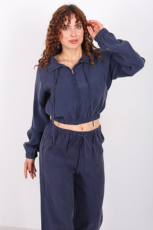 Beli Lastikli Çift Cepli Marin Kadın Tensel Ceket - Berox