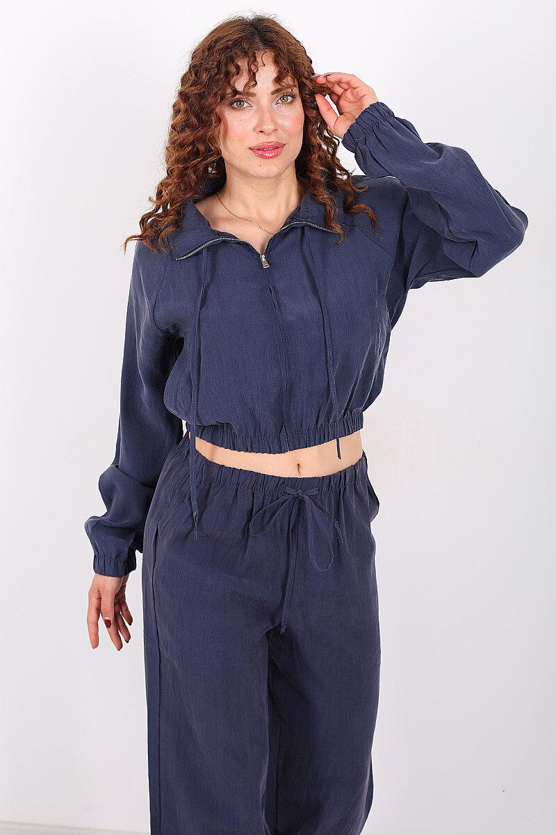 Beli Lastikli Çift Cepli Marin Kadın Tensel Ceket - 1