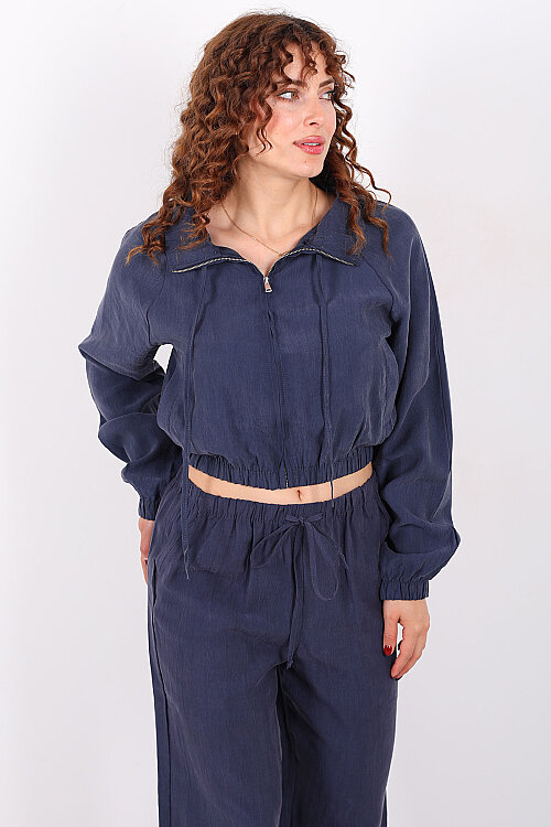 Beli Lastikli Çift Cepli Marin Kadın Tensel Ceket - 4