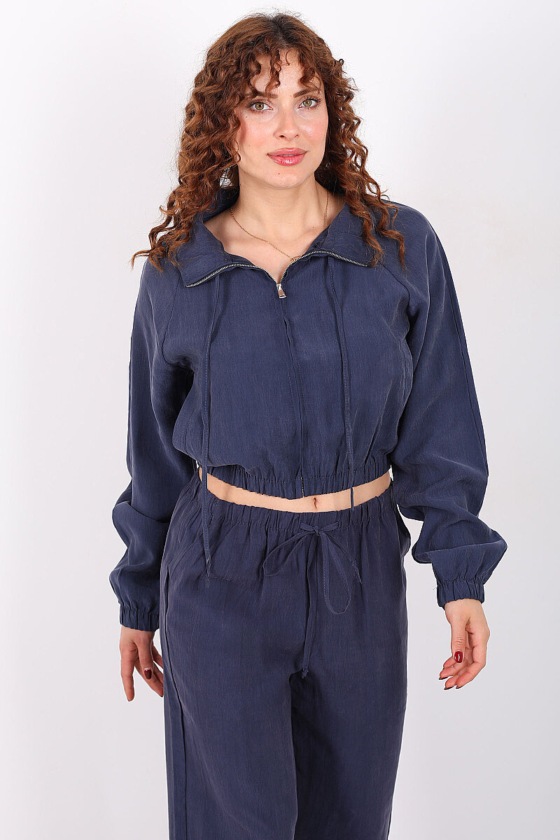 Beli Lastikli Çift Cepli Marin Kadın Tensel Ceket - 6