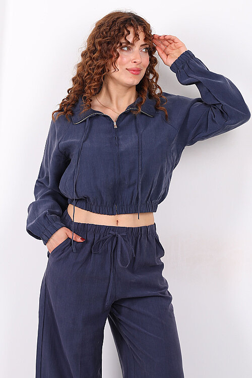 Beli Lastikli Çift Cepli Marin Kadın Tensel Ceket - 3