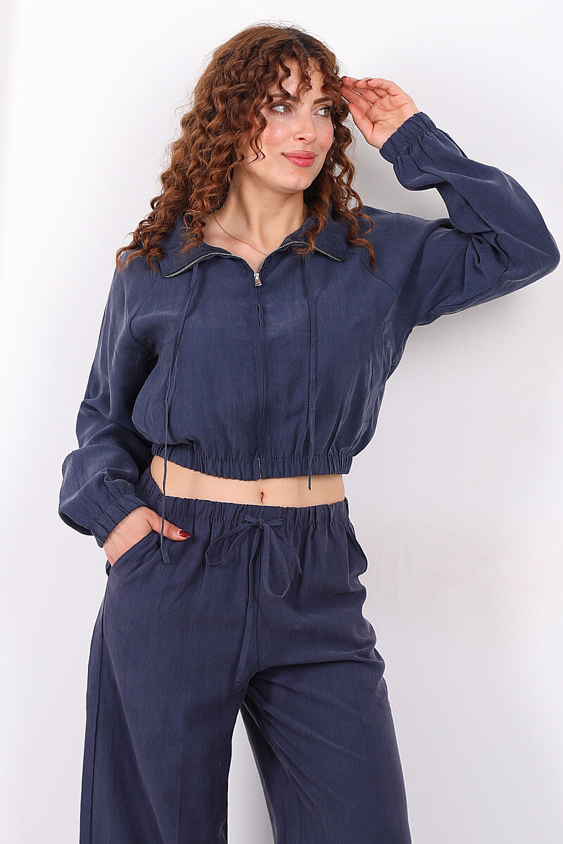 Beli Lastikli Çift Cepli Marin Kadın Tensel Ceket - 3