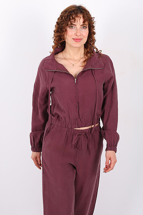 Beli Lastikli Çift Cepli Mürdüm Kadın Tensel Ceket - 4