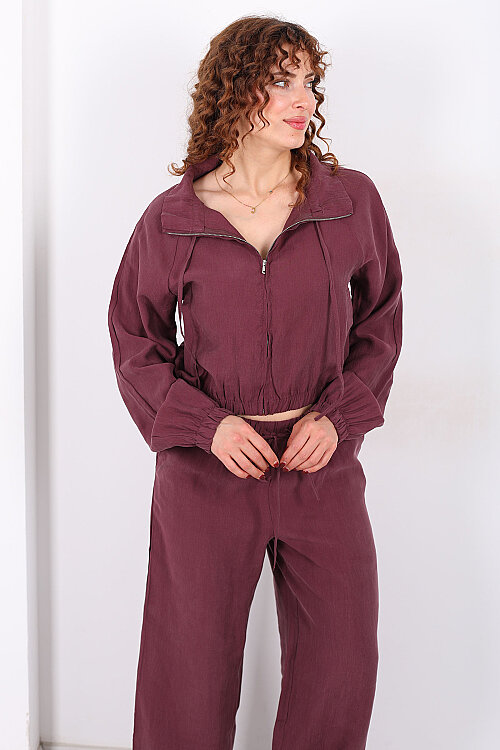 Beli Lastikli Çift Cepli Mürdüm Kadın Tensel Ceket - 3