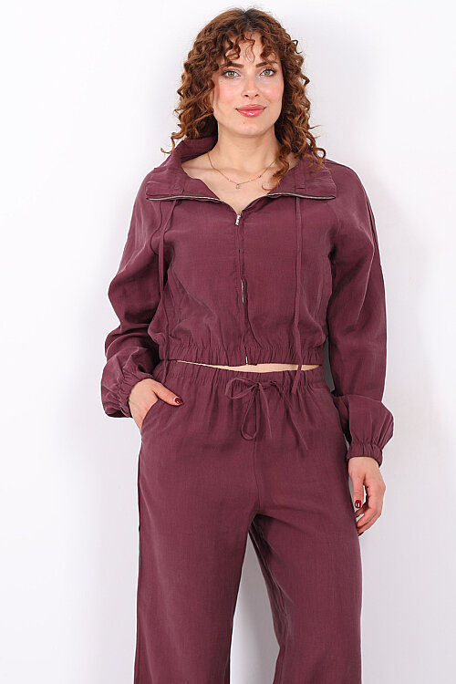 Beli Lastikli Çift Cepli Mürdüm Kadın Tensel Ceket - Berox