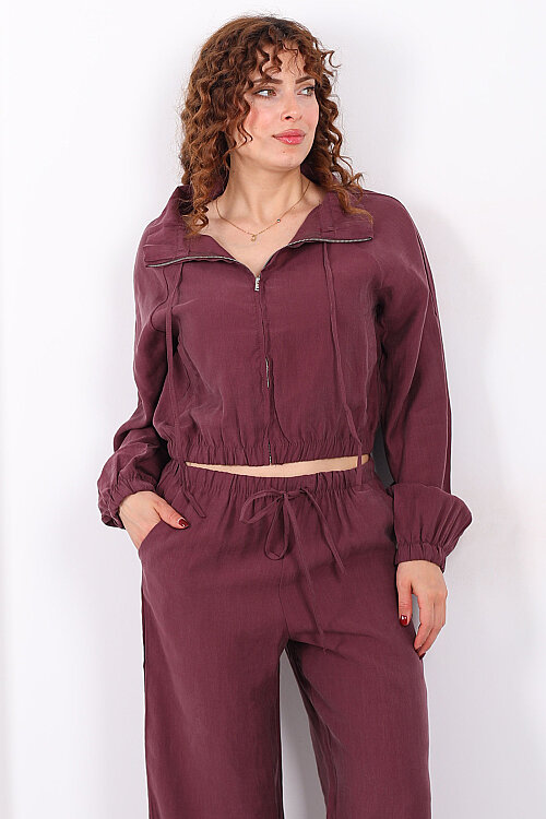 Beli Lastikli Çift Cepli Mürdüm Kadın Tensel Ceket - 6