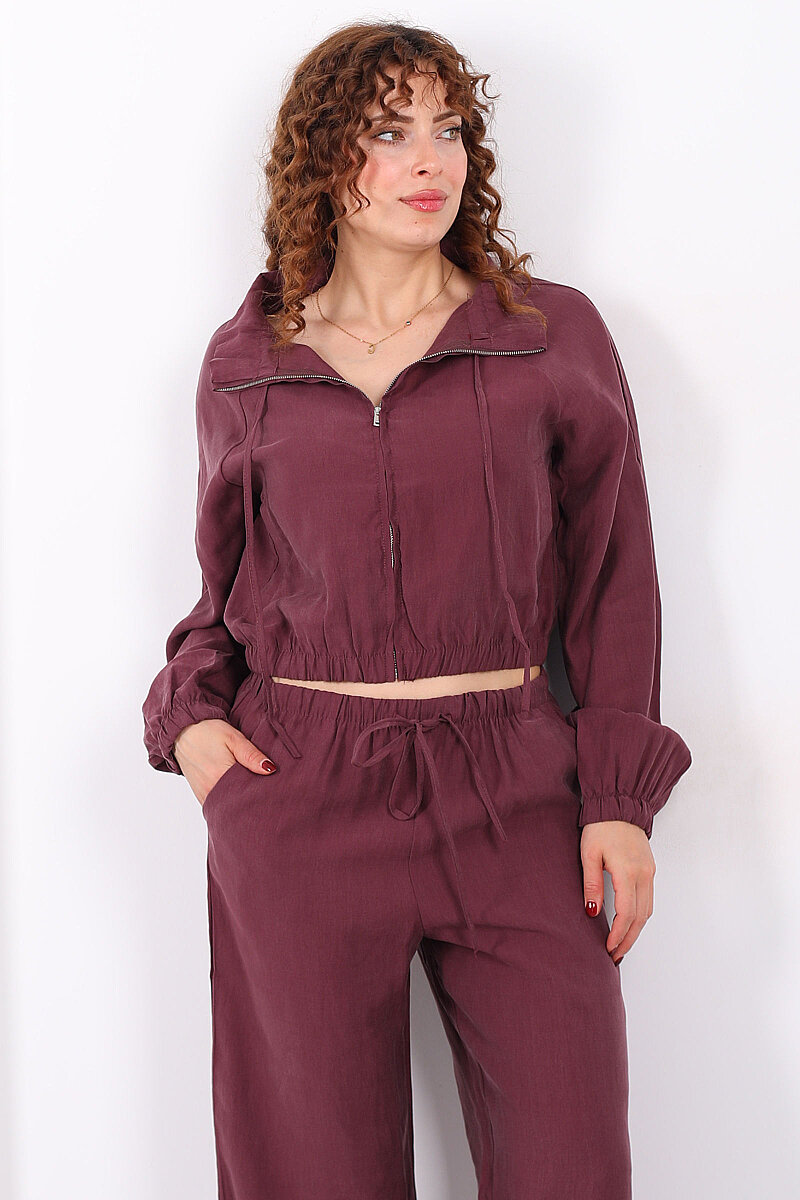 Beli Lastikli Çift Cepli Mürdüm Kadın Tensel Ceket - 6