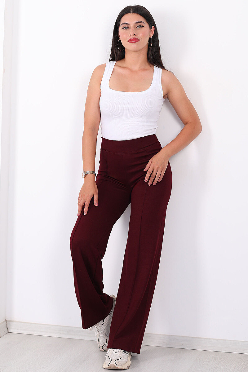 Beli Lastikli Çimalı Bordo Kadın Likralı Pantolon - 5