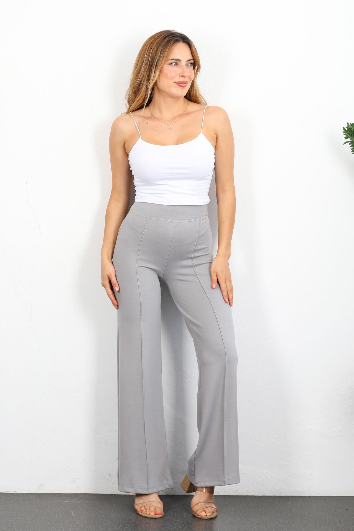 Beli Lastikli Çimalı Gri Kadın Full Likralı Pantolon