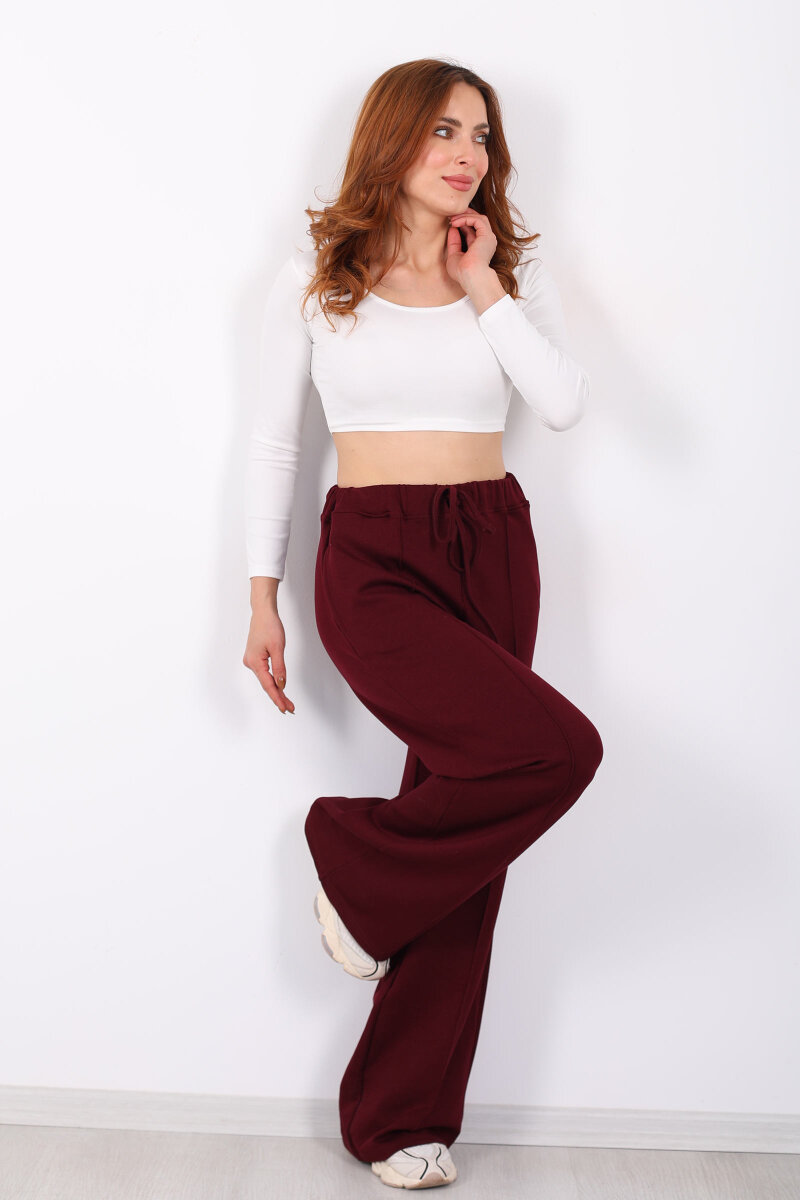 Beli Lastikli Çimalı Kadın Bordo Pantolon - 3
