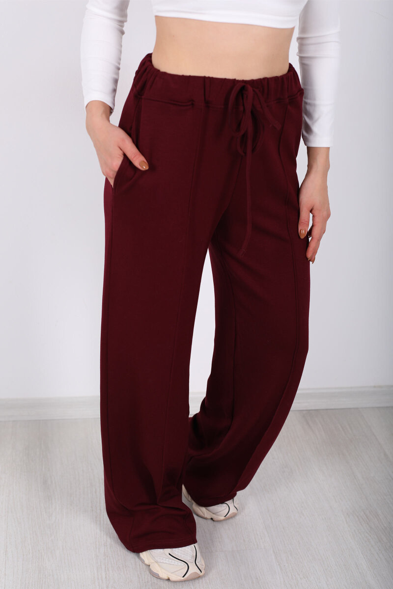 Beli Lastikli Çimalı Kadın Bordo Pantolon - 2