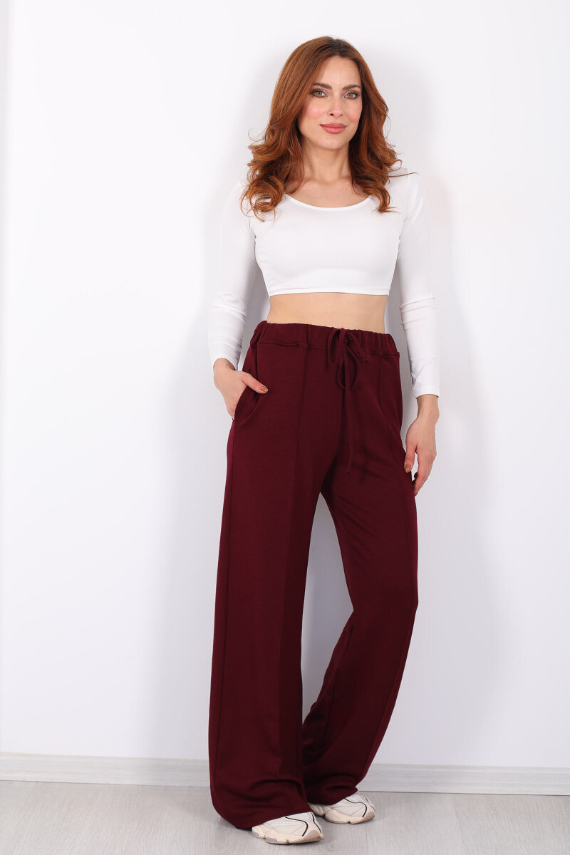 Beli Lastikli Çimalı Kadın Bordo Pantolon - 1