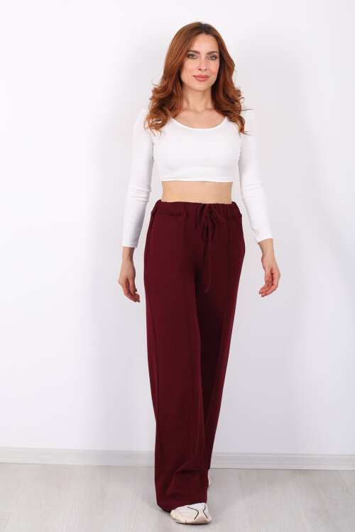 Beli Lastikli Çimalı Kadın Bordo Pantolon - 4
