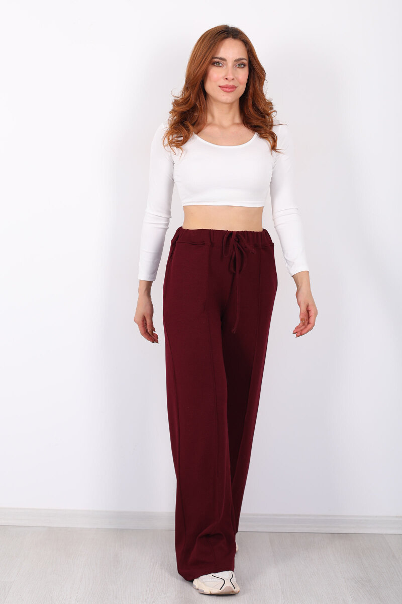 Beli Lastikli Çimalı Kadın Bordo Pantolon - 4