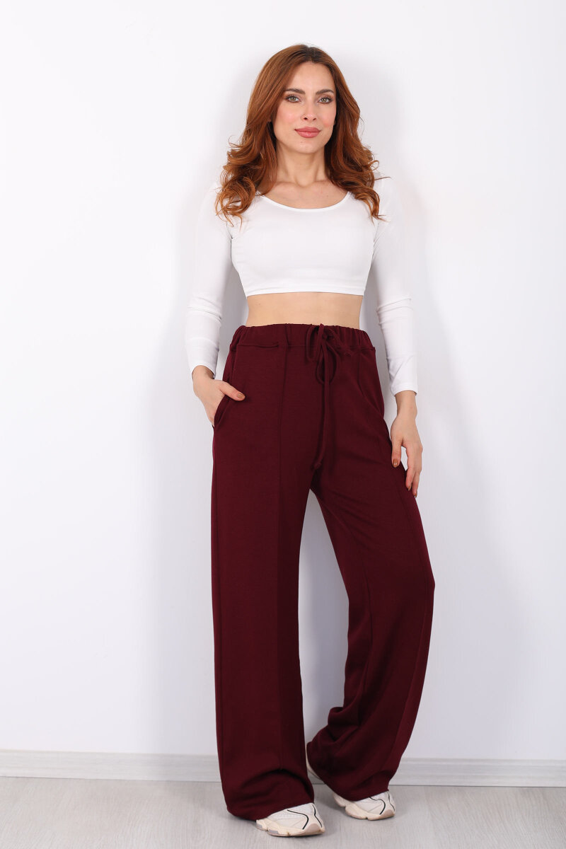 Beli Lastikli Çimalı Kadın Bordo Pantolon - 6