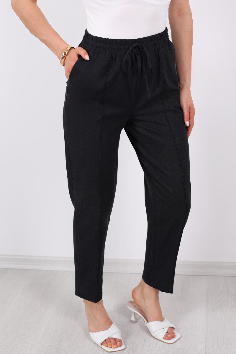 Beli Lastikli Çimalı Keten Siyah Kadın Pantolon - 2