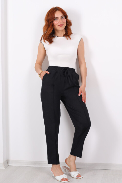 Beli Lastikli Çimalı Keten Siyah Kadın Pantolon - 3