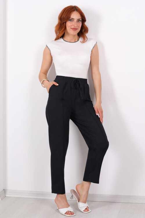 Beli Lastikli Çimalı Keten Siyah Kadın Pantolon - 5