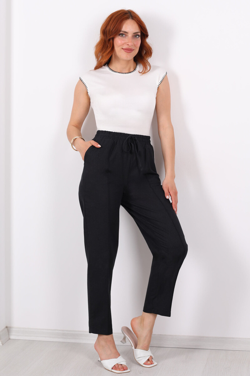 Beli Lastikli Çimalı Keten Siyah Kadın Pantolon - 5