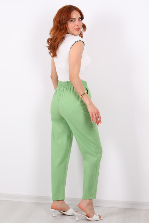 Beli Lastikli Çimalı Keten Yeşil Kadın Pantolon - 5