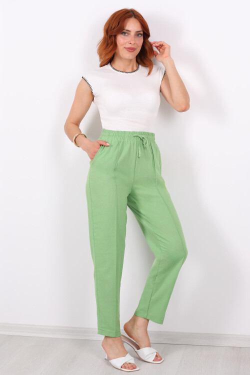 Beli Lastikli Çimalı Keten Yeşil Kadın Pantolon - 3