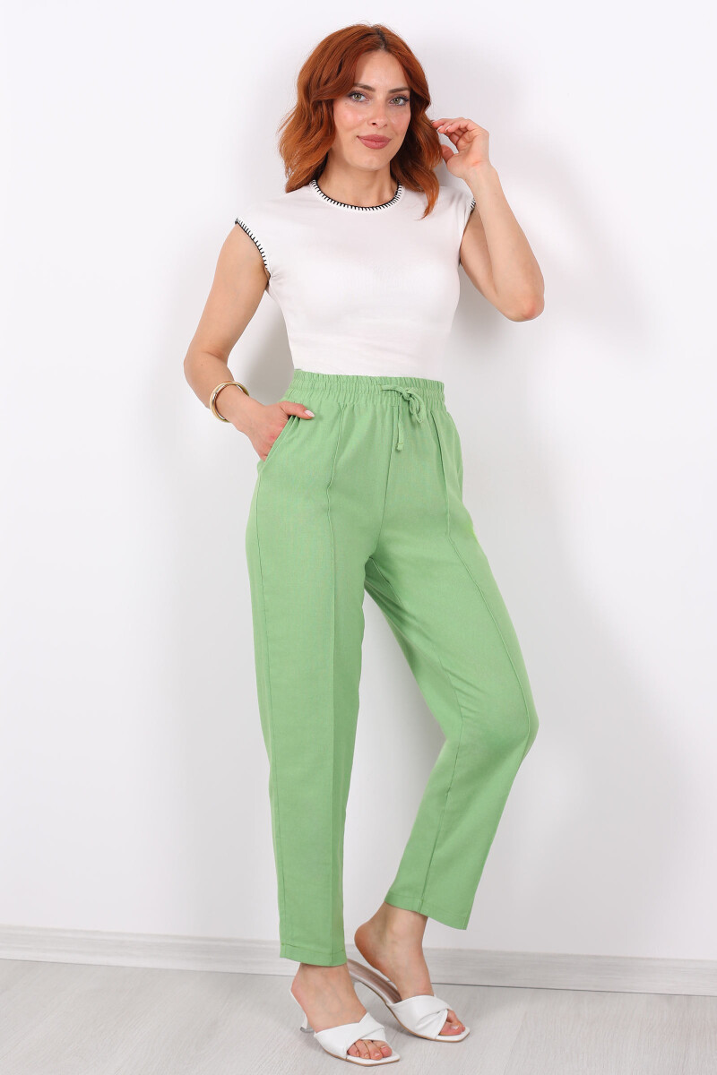 Beli Lastikli Çimalı Keten Yeşil Kadın Pantolon - 3